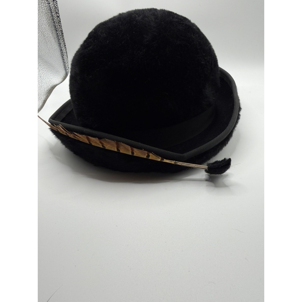 Vtg 1950s Miss Carnegie Hattie Carnegie Black Faux Fur Hat Pheasant Feather 60s